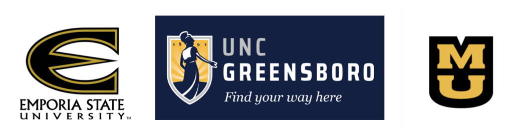 Emporia, UNCG, MU logos